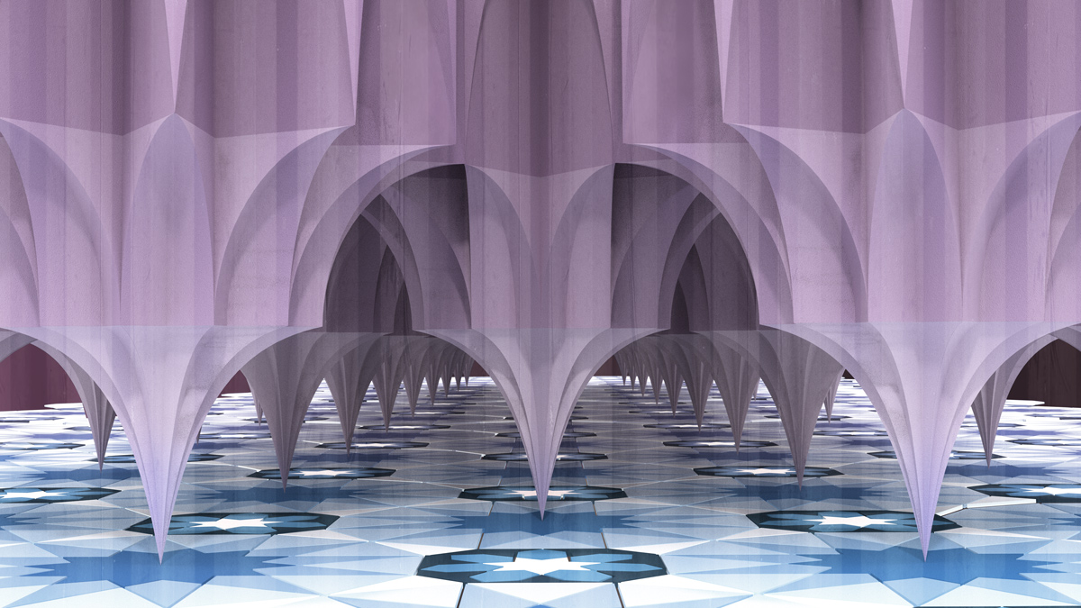 Purple geometrically-shaped columns with pointy bases balance on a blue geometric floor